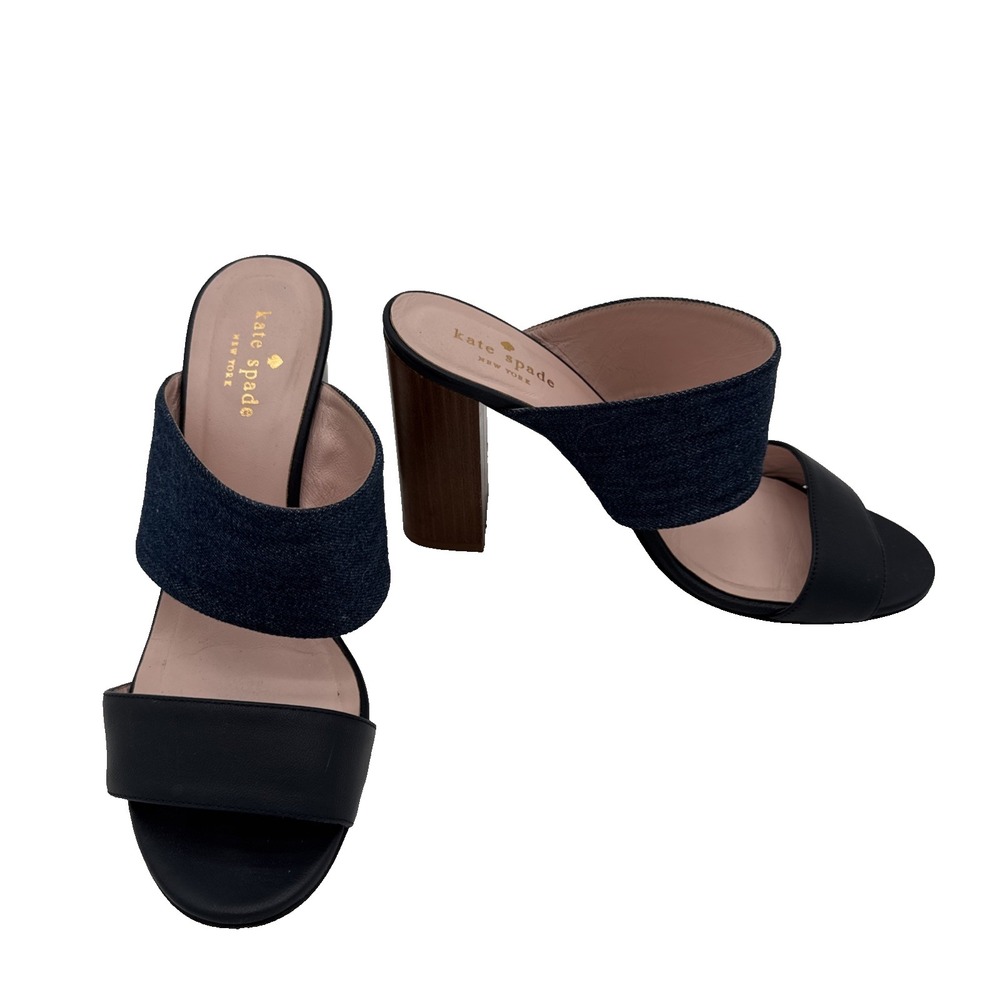 Kate Spade Navy Blue & Denim Leather Block Heel Slide Sandals Made in Italy 8 B